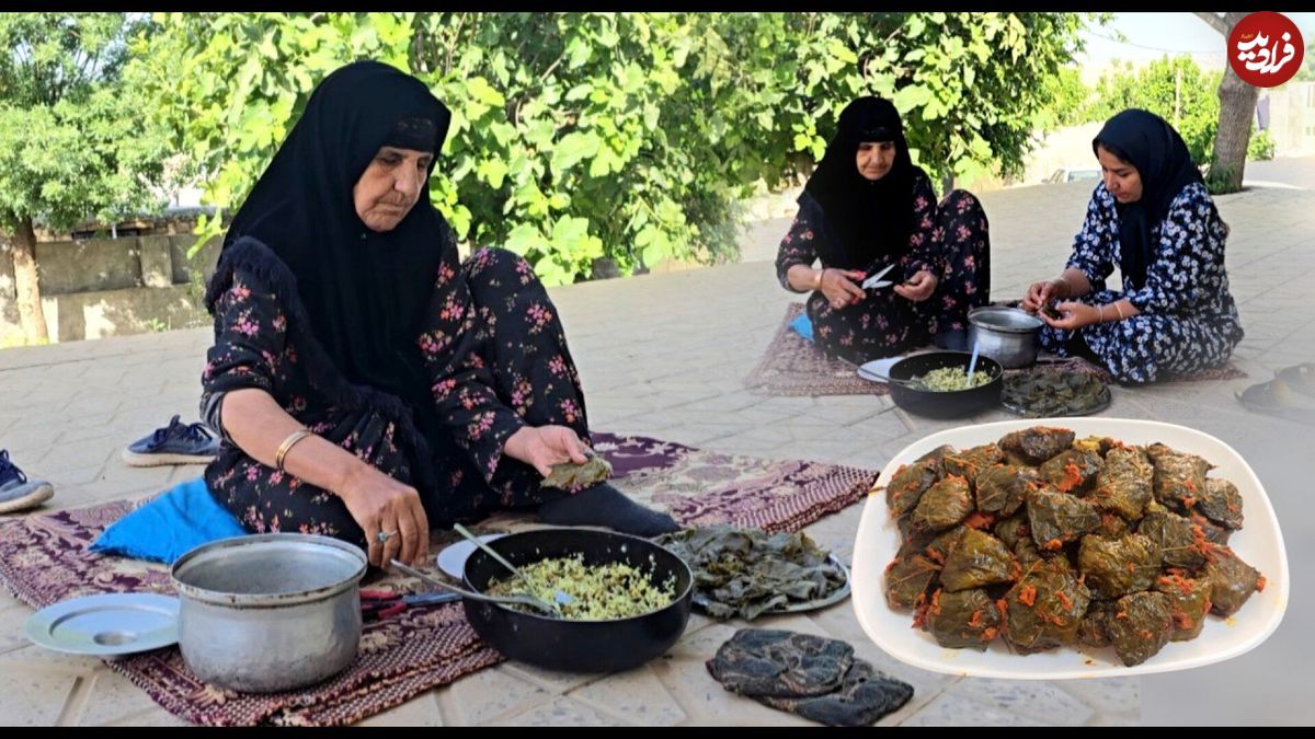 ببینید؛ غذای روستایی در ایلام؛ پخت دلمه برگ مو سنتی توسط مادربزرگ روستایی