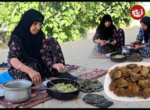 ببینید؛ غذای روستایی در ایلام؛ پخت دلمه برگ مو سنتی توسط مادربزرگ روستایی