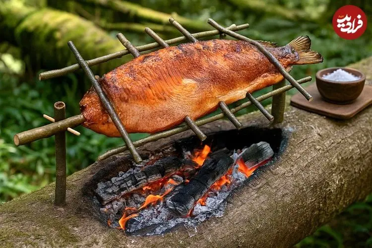 ببینید| غذای روستایی در آمریکا؛ صید ماهی و کباب کردن آن روی آتش