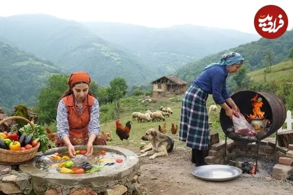 ببینید| غذای روستایی در ایران؛ کباب کردن ران بره در بشکه و پخت نان