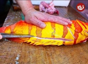 ببینید؛ غذای خیابانی در ژاپن؛ تهیه ساشیمی و غذاهای سنتی با ماهی هامور نپتون در اوکیناوا