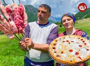 ببینید؛ غذای روستایی در آذربایجان؛ کباب بره و پخت کیک پای توت فرنگی