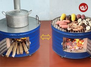 ببینید؛ نحوه درست کردن یک اجاق و کباب پز هیزمی خلاقانه با بشکه قدیمی 
