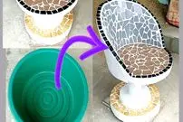 (ویدئو) چطور با سیمان، تشت پلاستیکی و کاشی شکسته یک صندلی زیبا بسازیم؟