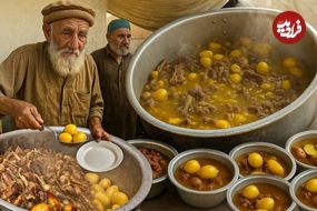 ببینید؛ غذای خیابانی در افغانستان؛ پخت غذای سنتی رش با گوشت بره و سیب زمینی