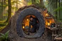 ببینید| ساخت پناهگاه مخفی داخل لاستیک قدیمی تراکتور و در دل جنگل های آلمان