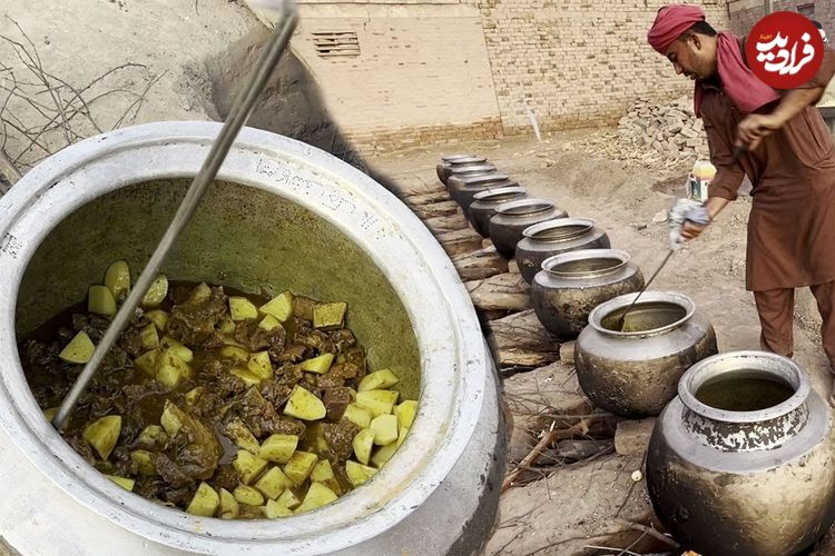 (ویدئو) غذای روستایی در پاکستان؛ فرآیند پخت آلو گوشت برای 600 نفر