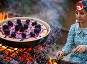 ببینید| غذای روستایی در ایران؛ پخت کیک با شاه توت های تازه در روستا