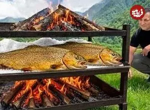 ببینید| غذای روستایی در آذربایجان؛ صید ماهی قزل آلا و کباب کردن آن در نمک