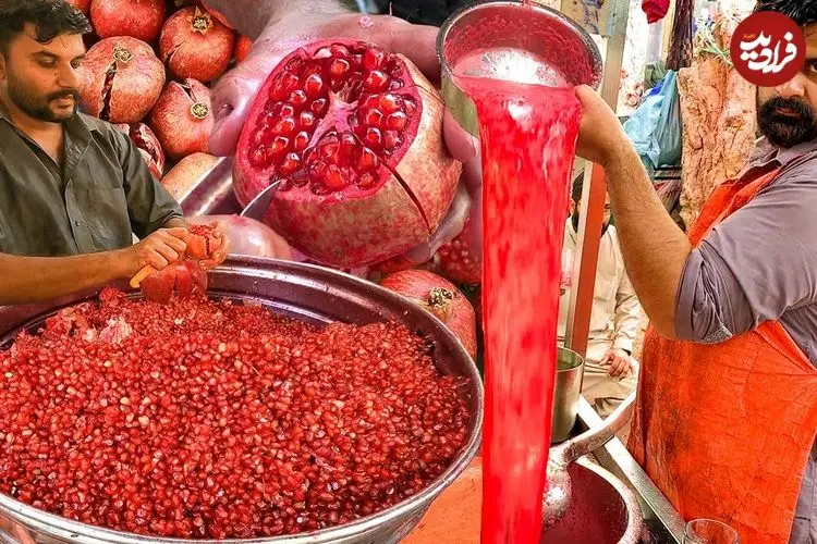 ببینید| غذای خیابانی در پاکستان؛ هنر دیدنی فروشنده خیابانی در تهیه آب انار در کراچی