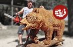 ببینید| مراحل دیدنی ساخت مجسمه خرس گریزلی چوبی در اندازه واقعی با اره برقی 