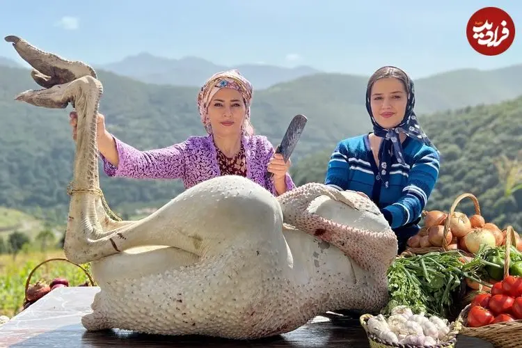 ببینید| غذای روستایی در ایران؛ پخت غذابا گوشت شتر مرغ در کوهستان