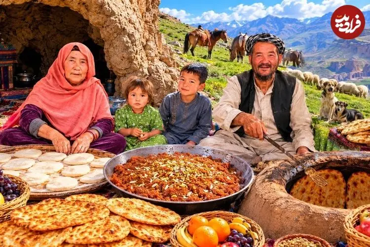 ببینید| غذای روستایی در ایران؛ پخت حلوا قندی و نان سنتی توسط زوج مسن افغان