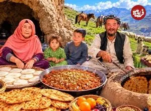 ببینید| غذای روستایی در ایران؛ پخت حلوا قندی و نان سنتی توسط زوج مسن افغان