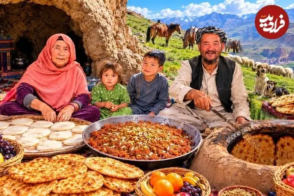 ببینید| غذای روستایی در ایران؛ پخت حلوا قندی و نان سنتی توسط زوج مسن افغان