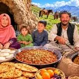 ببینید| غذای روستایی در ایران؛ پخت حلوا قندی و نان سنتی توسط زوج مسن افغان