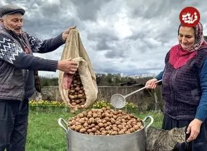 ببینید| غذای روستایی در آذربایجان؛ پخت باقلوای گردویی توسط مادر بزرگ روستایی