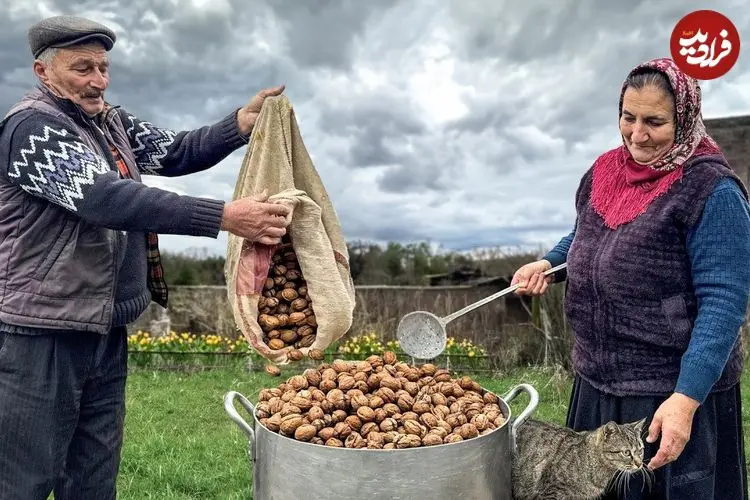 ببینید| غذای روستایی در آذربایجان؛ پخت باقلوای گردویی توسط مادر بزرگ روستایی