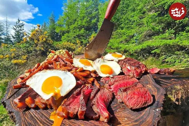 ببینید| غذای روستایی در انگلستان؛ پخت استیک با سیب زمینی سرخ کرده در جنگل