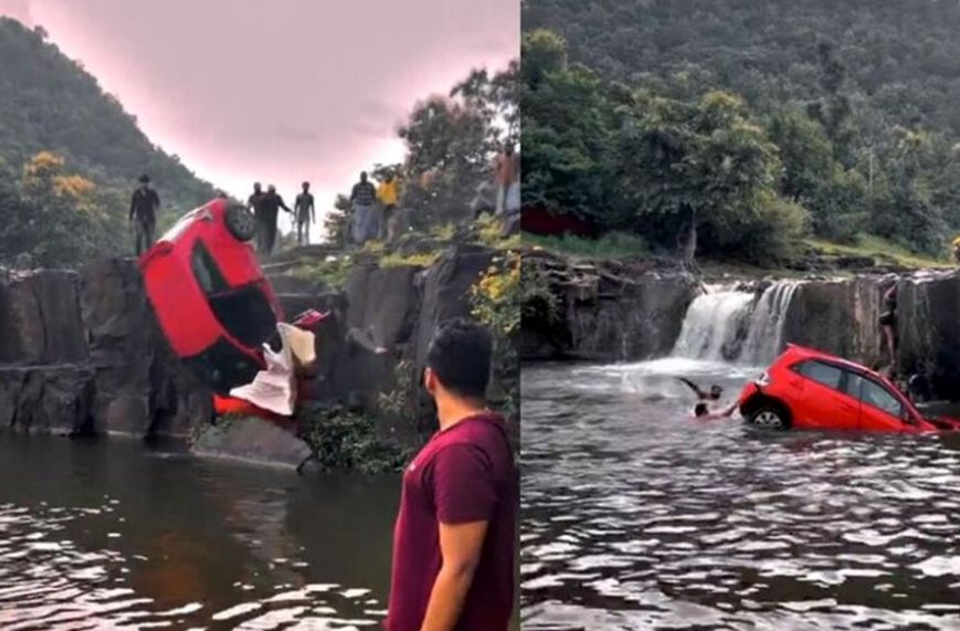 (ویدئو) لحظه سقوط وحشتناک یک پدر و دختر با خودرو به داخل آبشار!