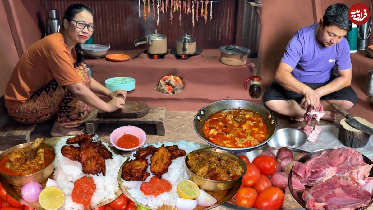 ببینید؛ غذای روستایی در نپال؛ پخت خوراک کاری با گوشت گاومیش در کوهستان