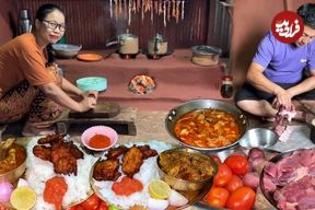 ببینید؛ غذای روستایی در نپال؛ پخت خوراک کاری با گوشت گاومیش در کوهستان
