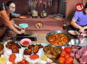 ببینید؛ غذای روستایی در نپال؛ پخت خوراک کاری با گوشت گاومیش در کوهستان