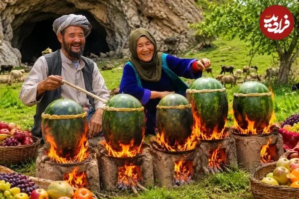 ببینید| غذای روستایی در افغانستان؛ پخت خوراک مرغ در داخل هندوانه و روی آتش