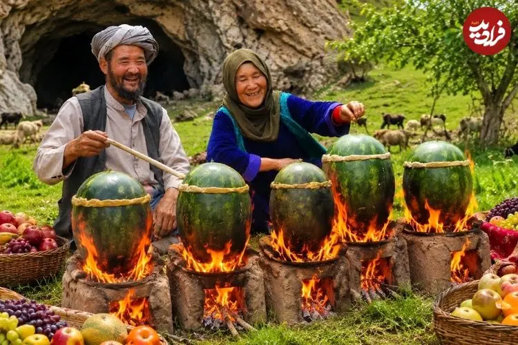 ببینید| غذای روستایی در افغانستان؛ پخت خوراک مرغ در داخل هندوانه و روی آتش