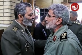 عکس؛ سفر به تاریخ؛ «امیر موسوی، سردار سلامی و سردار قاآنی» در تشییع اسماعیل هنیه؛ سال 1403