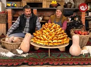 ببینید| غذای روستایی در آذربایجان؛ پخت کیک پای کدو حلوایی در روستایی زیبا