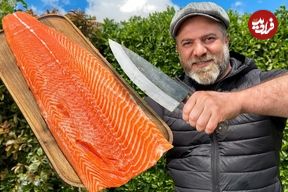 ببینید؛ غذای روستایی در آذربایجان؛ کباب کردن ماهی سالمون با سبزیجات