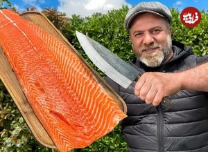 ببینید؛ غذای روستایی در آذربایجان؛ کباب کردن ماهی سالمون با سبزیجات