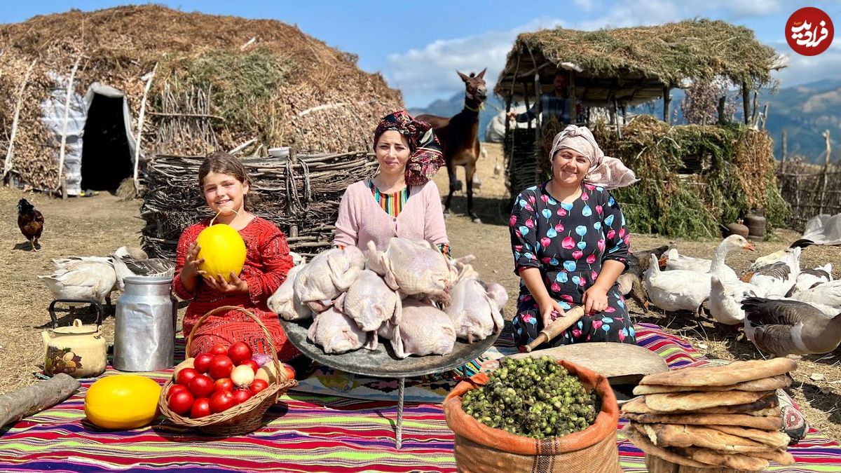 ببینید؛ غذای روستایی در ایران؛ مرغ سوخاری با سیب زمینی و پخت نان تنوری