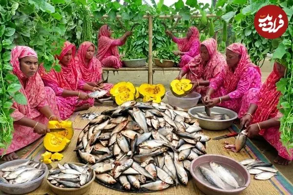 ببینید| غذای روستایی در بنگلادش؛ پخت یک غذای سنتی با ماهی ساردین، اسفناج و کدو حلوایی