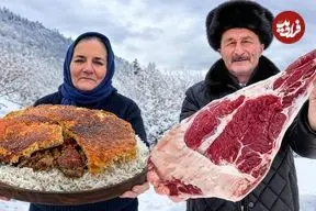 ببینید| غذای روستایی در آذربایجان؛ پخت پلو مخلوط با گوشت بره و در هوای برفی روستا