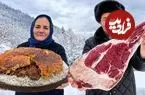 ببینید| غذای روستایی در آذربایجان؛ پخت پلو مخلوط با گوشت بره و در هوای برفی روستا