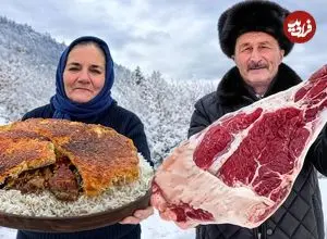 ببینید| غذای روستایی در آذربایجان؛ پخت پلو مخلوط با گوشت بره و در هوای برفی روستا