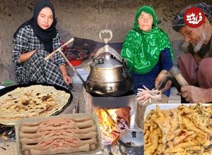 ببینید| غذای روستایی در افغانستان؛ پخت خوراک پای مرغ و نان سنتی در غار