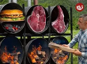 ببینید| غذای روستایی در آذربایجان؛ پخت استیک و برگر در بشکه و در طبیعت