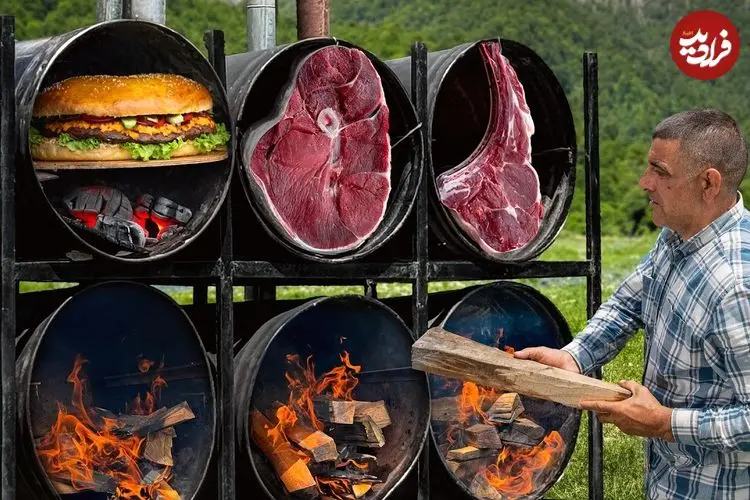 ببینید| غذای روستایی در آذربایجان؛ پخت استیک و برگر در بشکه و در طبیعت
