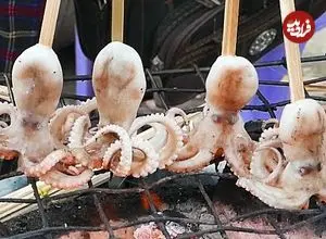 ببینید| غذای خیابانی در کامبوج؛ کباب هشت پا و ماهی مرکب روی آتش در ساحل شهر سیهانوکویل