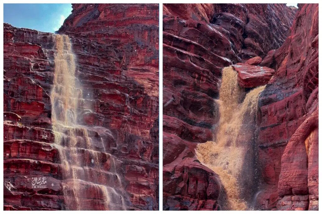(ویدیو) تصاویر زیبا و جدید از جاری شدن آبشار از کوه های ابرشهر نئوم عربستان
