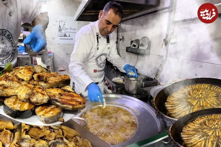 ببینید؛ غذای خیابانی در ترکیه؛ پخت انواع غذا با ماهی در استانبول