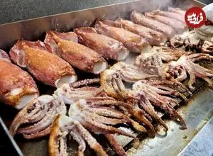 ببینید| غذای خیابانی در کره؛ ماهی مرکب و ماهی ماکرل سوخاری در سئول