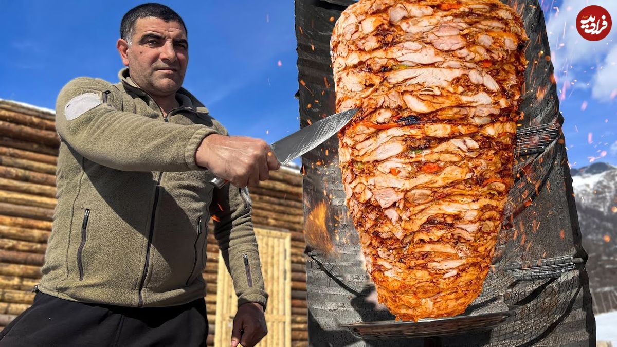 ببینید؛ غذای روستایی در آذربایجان؛ تهیه شاورمای مرغ در هوای برفی کوهستان