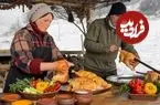 ببینید| غذای روستایی در آذربایجان؛ کباب کردن مرغ در هوای برفی در کوهستان