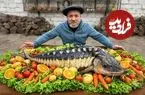 ببینید| غذای روستایی در آذربایجان؛ ساخت تنور و پخت یک ماهی خاویاری در آن