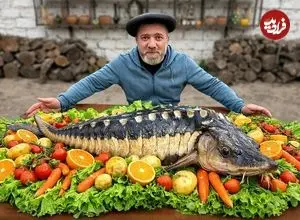 ببینید| غذای روستایی در آذربایجان؛ ساخت تنور و پخت یک ماهی خاویاری در آن