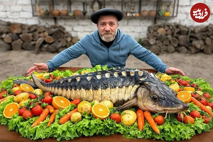 ببینید| غذای روستایی در آذربایجان؛ ساخت تنور و پخت یک ماهی خاویاری در آن
